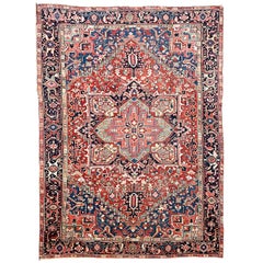 Lovely Antique Rug with Deep Denim Corners, Corals, Salmon, Blue, c. 1930's