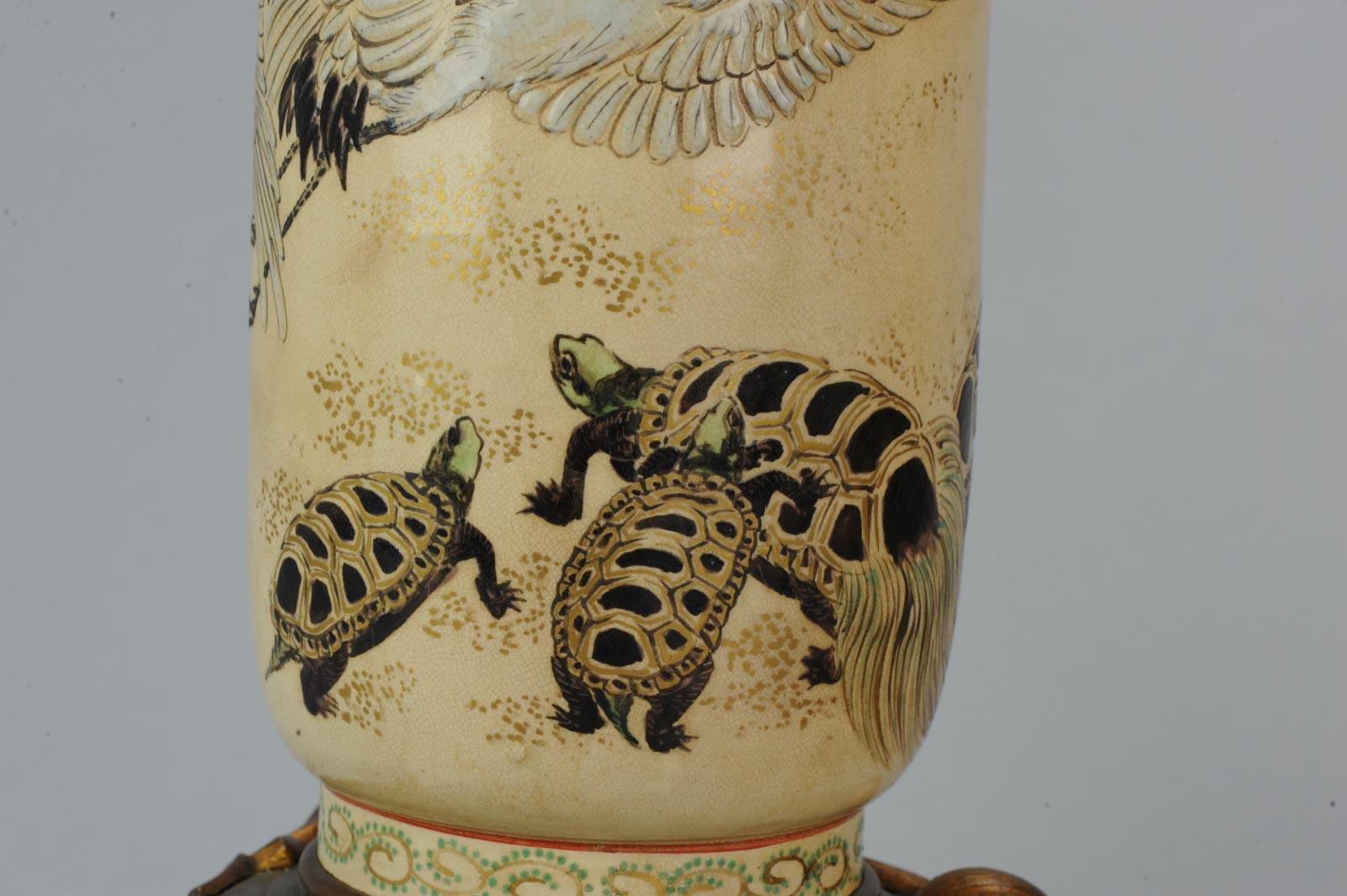 Lovely Antique Satsuma Lamp Vase Set with Cranes and Turtles, Japan 19th Century For Sale 6