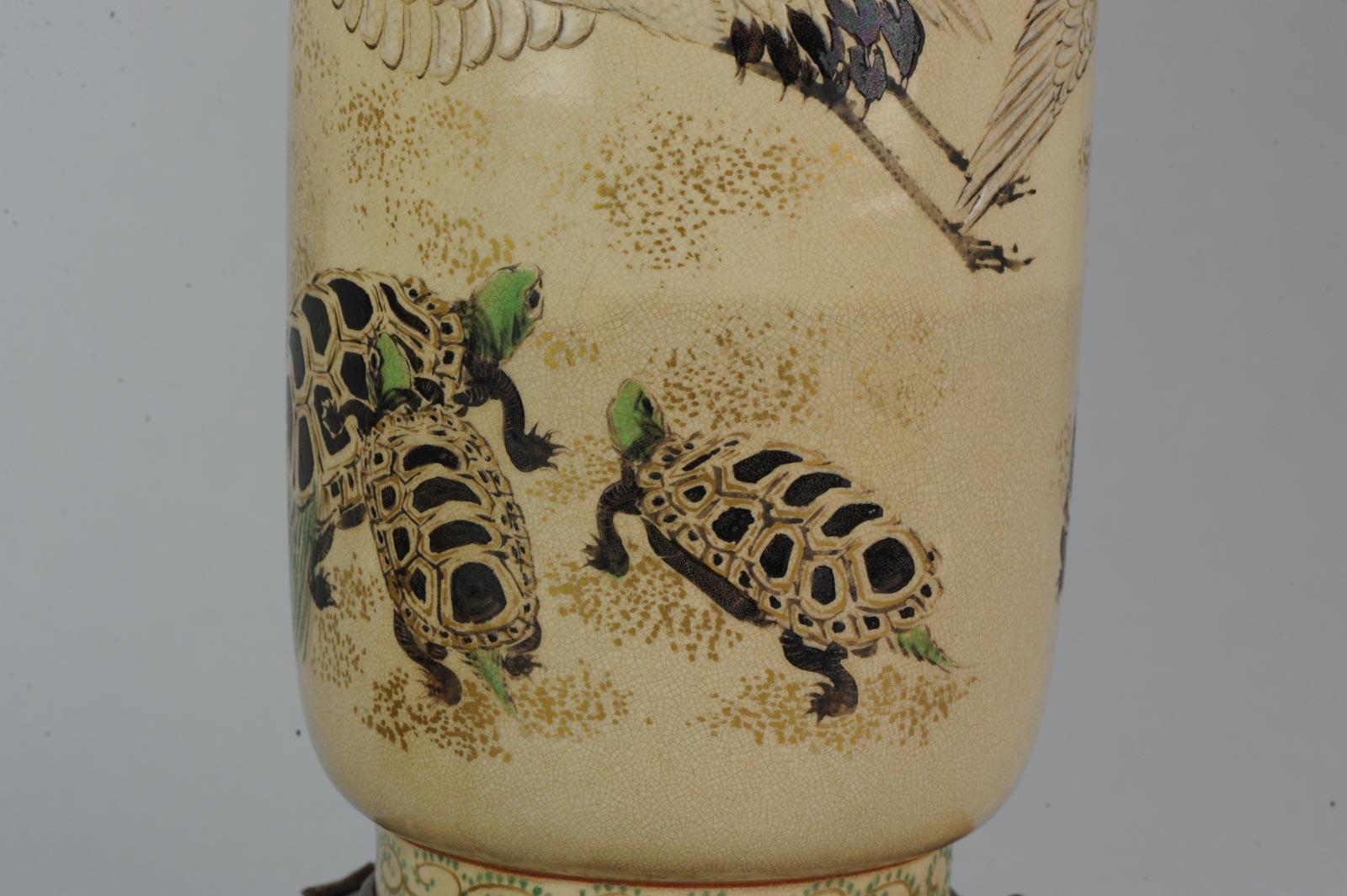 Lovely Antique Satsuma Lamp Vase Set with Cranes and Turtles, Japan 19th Century For Sale 9