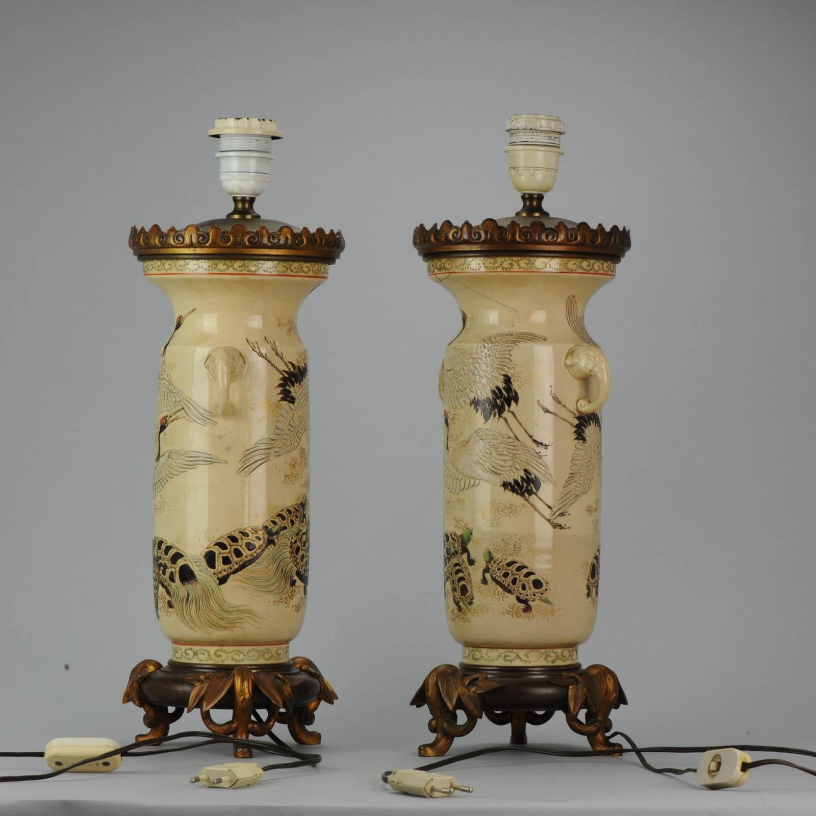 Lovely Antique Satsuma Lamp Vase Set with Cranes and Turtles, Japan 19th Century In Distressed Condition For Sale In Amsterdam, Noord Holland