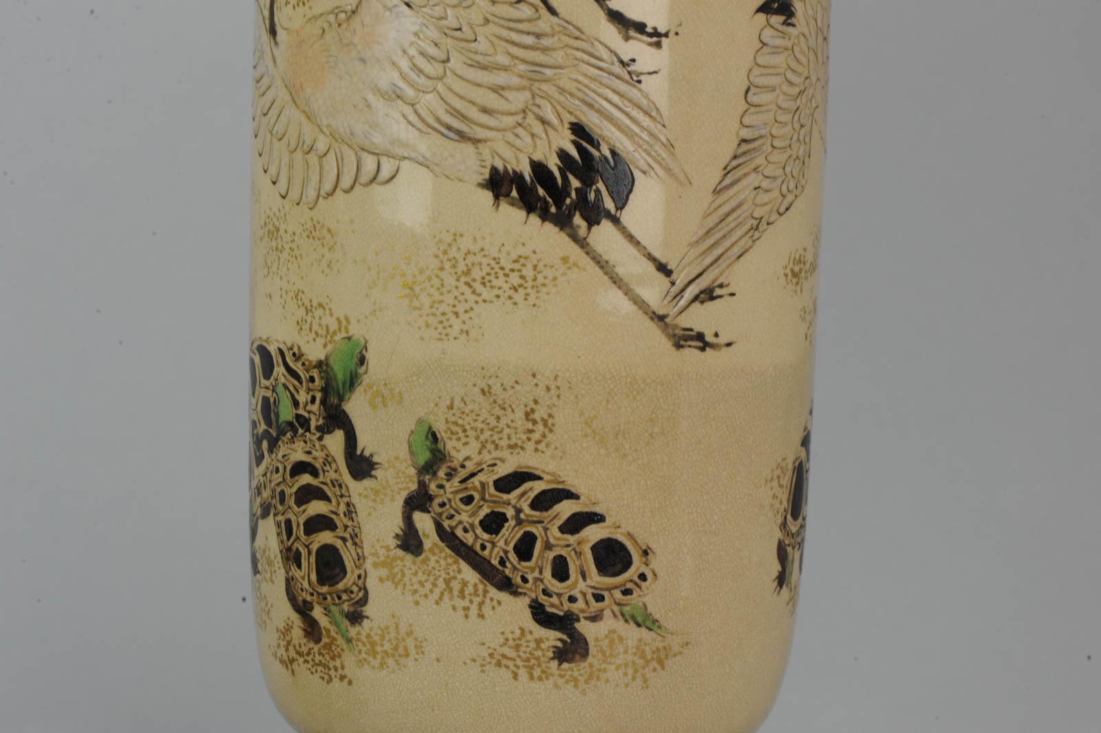 Lovely Antique Satsuma Lamp Vase Set with Cranes and Turtles, Japan 19th Century For Sale 1