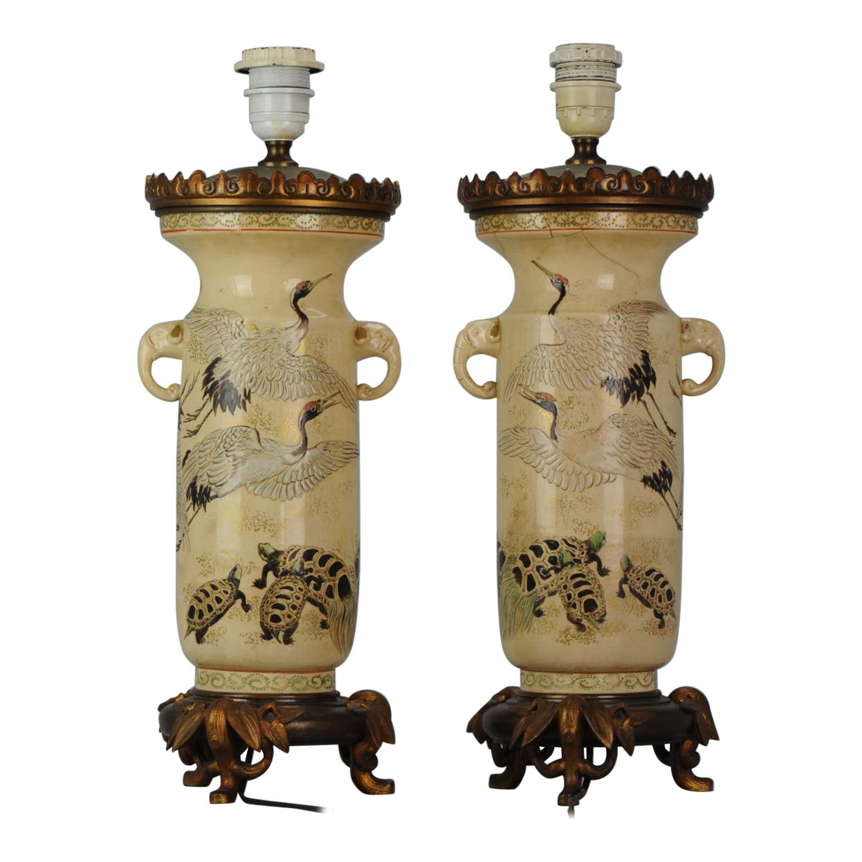 Lovely Antique Satsuma Lamp Vase Set with Cranes and Turtles, Japan 19th Century