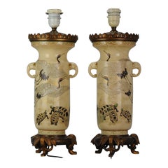 Lovely Antique Satsuma Lamp Vase Set with Cranes and Turtles, Japan 19th Century