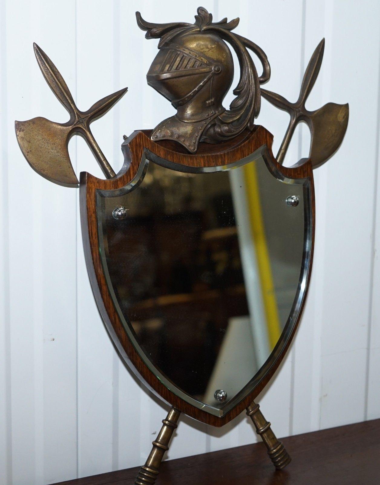 Lovely Antique Solid Wood Mirror with Bronze Mounts & Chain Knights Armour 5