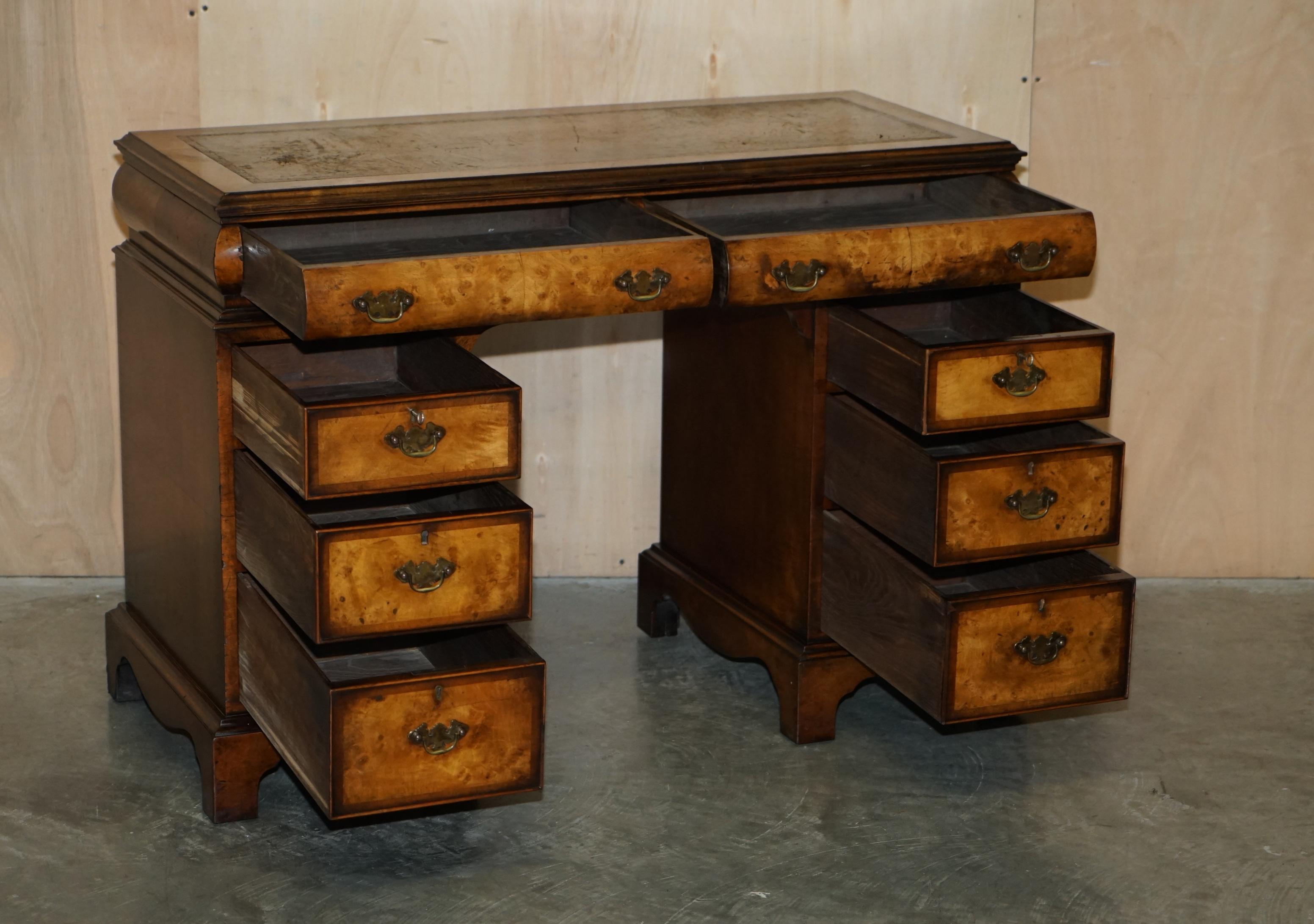 Lovely Antique Victorian Burr Walnut Cushion Drawer Brown Leather Partner Desk For Sale 10