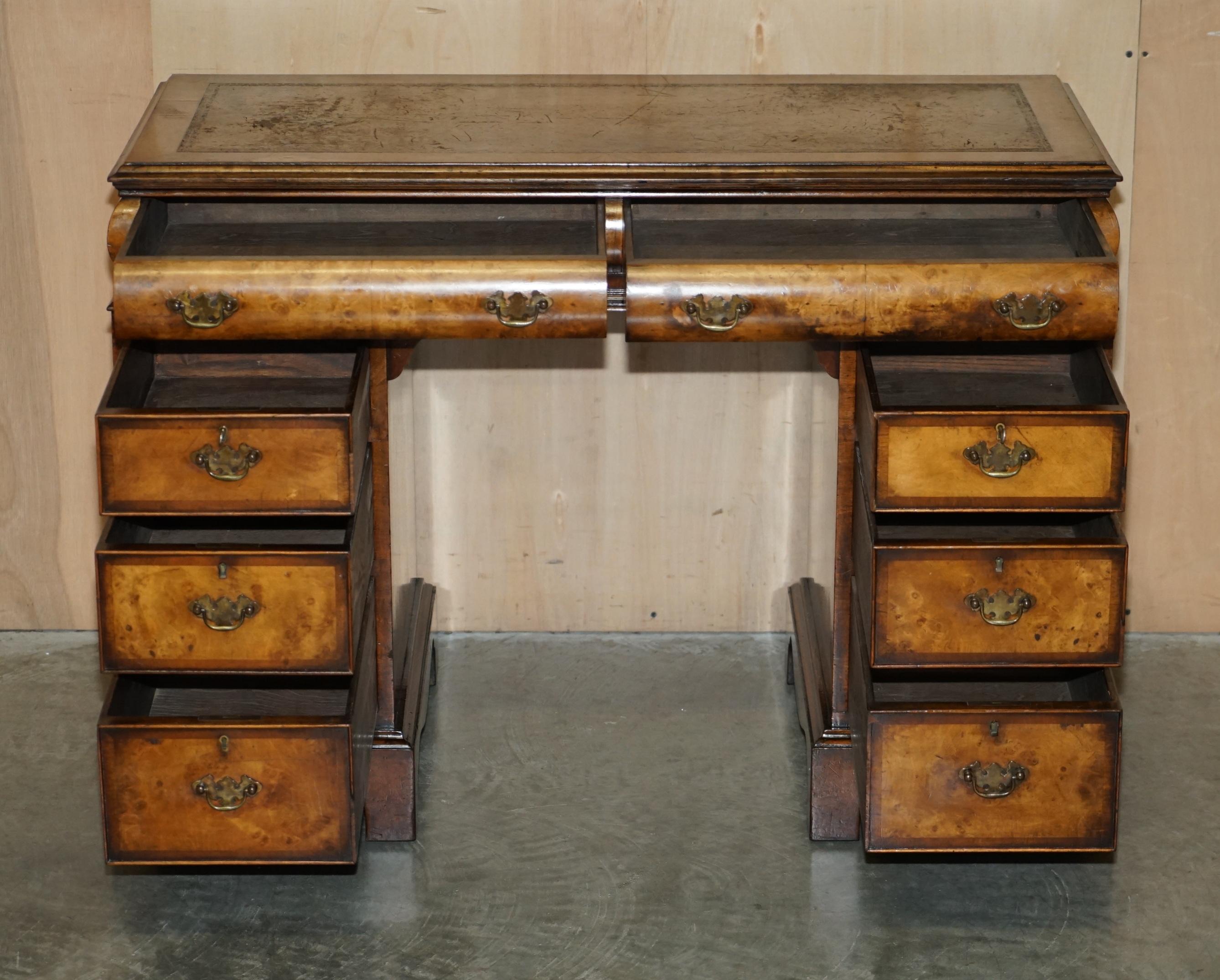 Lovely Antique Victorian Burr Walnut Cushion Drawer Brown Leather Partner Desk For Sale 11