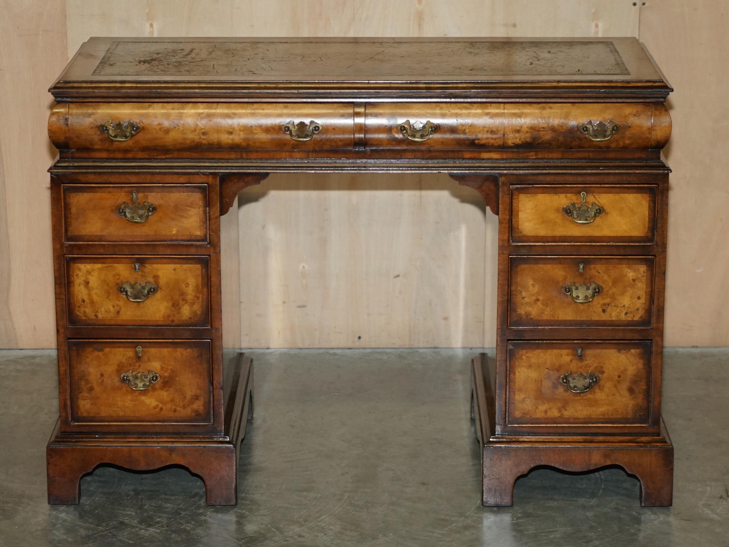 We are delighted to offer for sale this very fine fully, Antique circa 1900, Burr Walnut twin pedestal partner desk with hand dyed brown leather top.

It’s been lightly restored to include a deep clean, hand condition wax and hand polish, it will