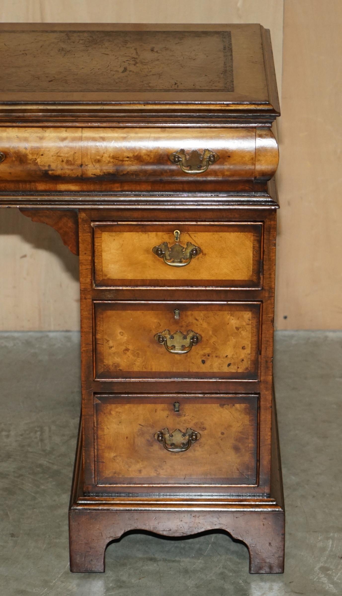 English Lovely Antique Victorian Burr Walnut Cushion Drawer Brown Leather Partner Desk For Sale