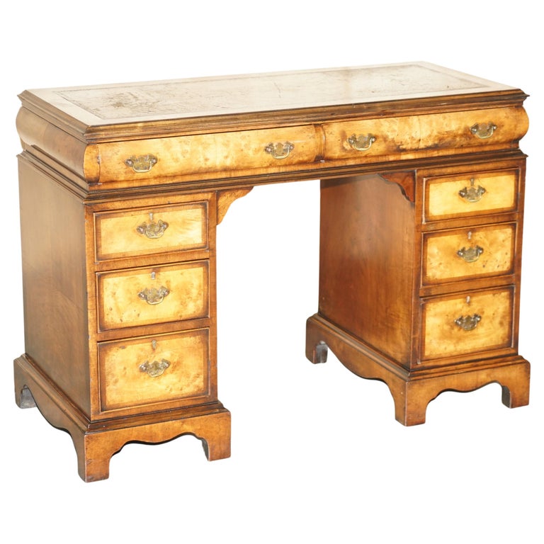 Lovely Antique Victorian Burr Walnut Cushion Drawer Brown Leather