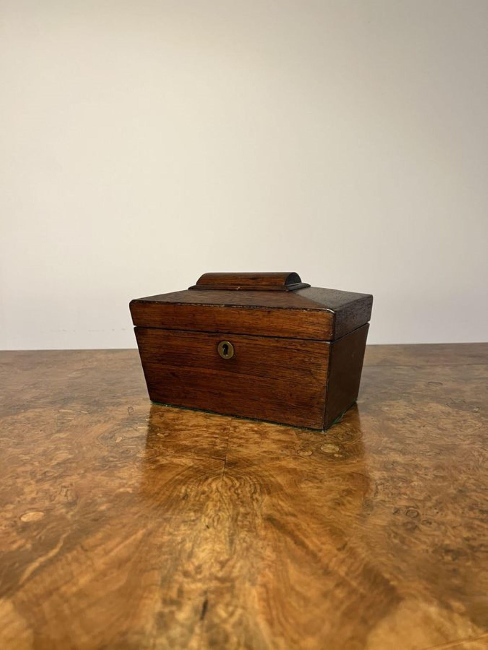 Lovely antique Victorian rosewood storage box, having a quality rosewood box of Sarcophagus shape, with a lift up lid opening to reveal a storage compartment with red interior.

D. 1850