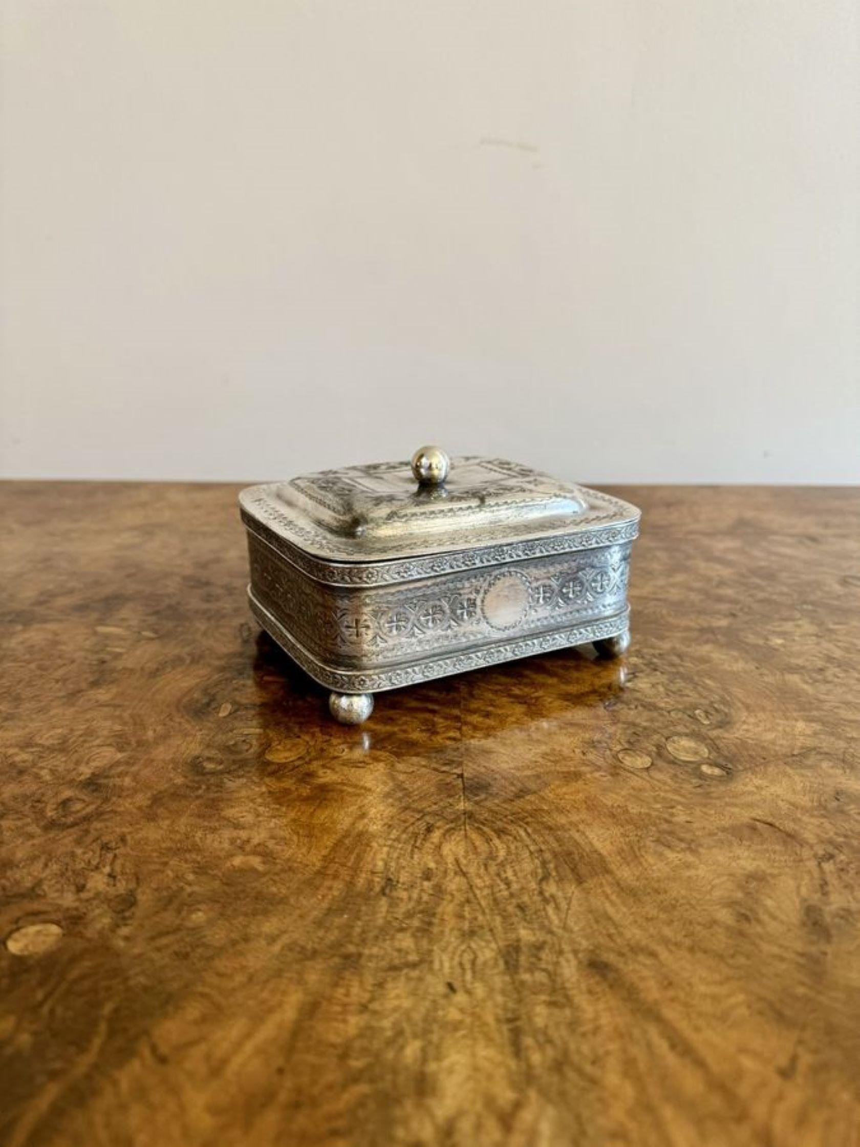 Lovely antique Victorian silver plated butter dish, having a lovely antique Victorian silver plated butter dish with a lift off lid opening to reveal a compartment with a removable glass dish for butter, pretty detail throughout, raised on four ball