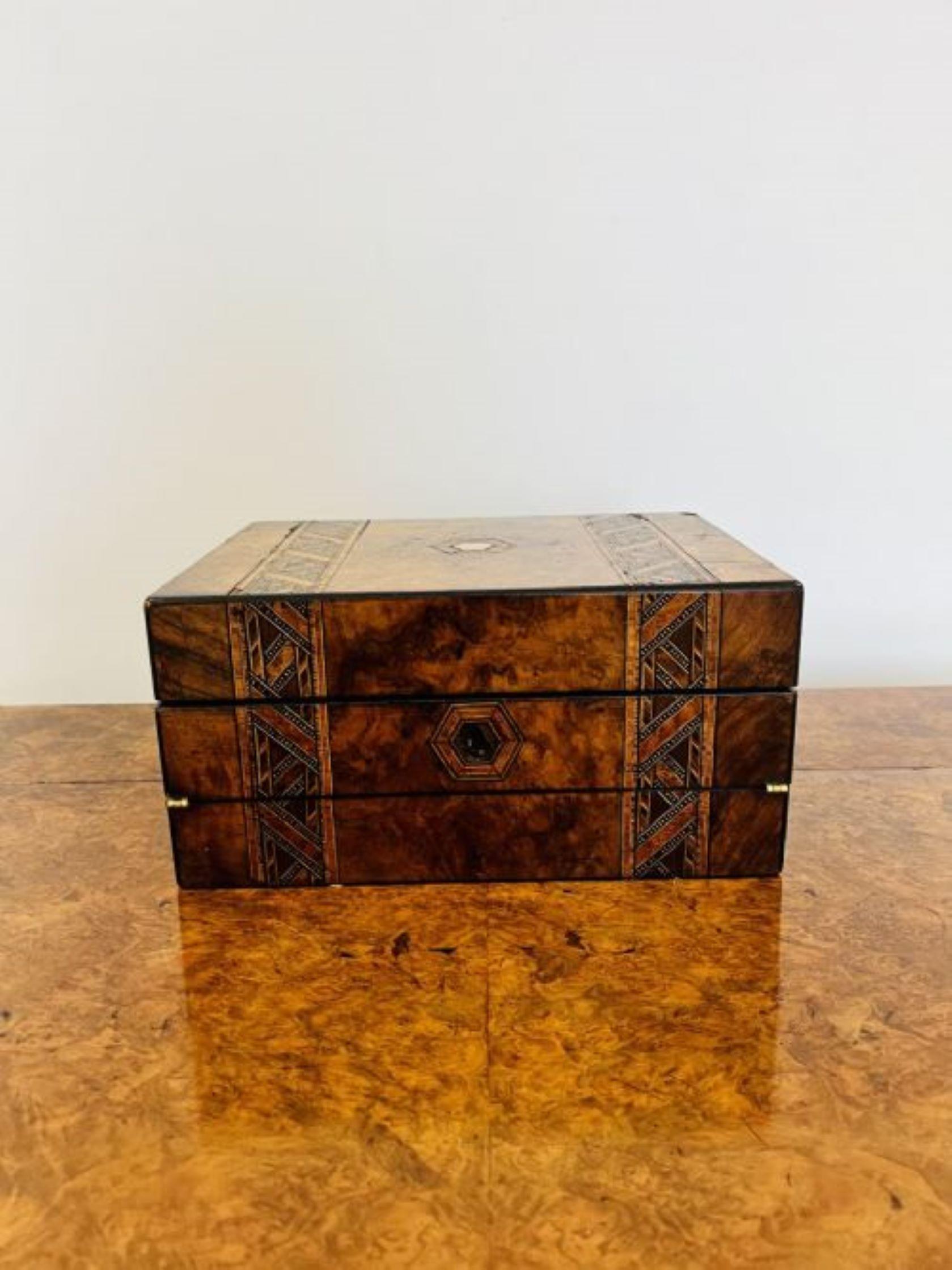 Lovely antique Victorian tunbridge ware inlaid writing box having a lovely antique Victorian tunbridge ware inlaid wring box with beautiful detail to the box opening to reveal a pullout writing slope. 