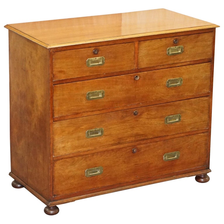 Lovely Antique Victorian Walnut Military Campaign Officers Chest of Drawers For Sale