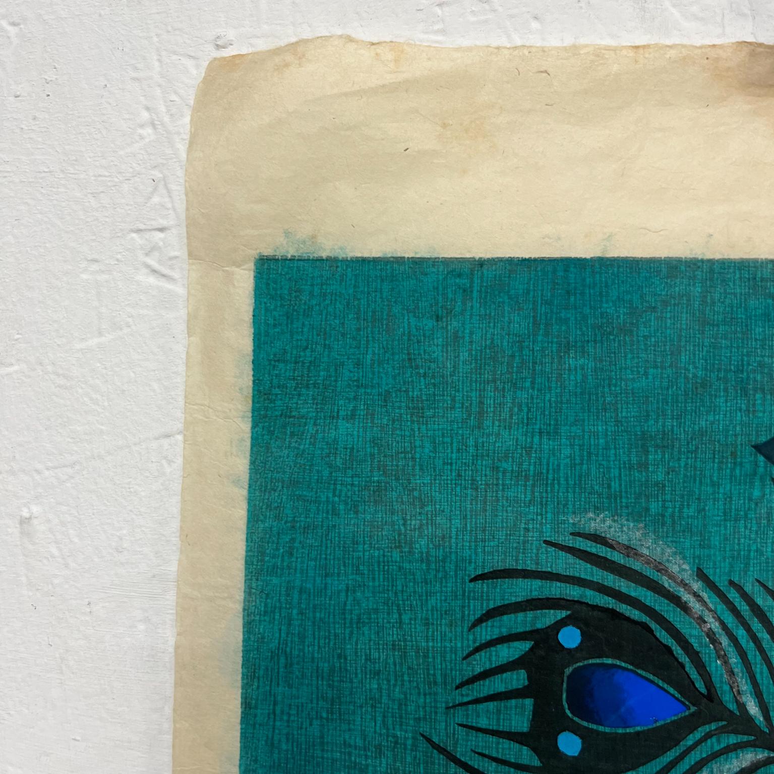 Mid-Century Modern Lovely Aqua Blue Japanese Print on Rice Paper Signed Art