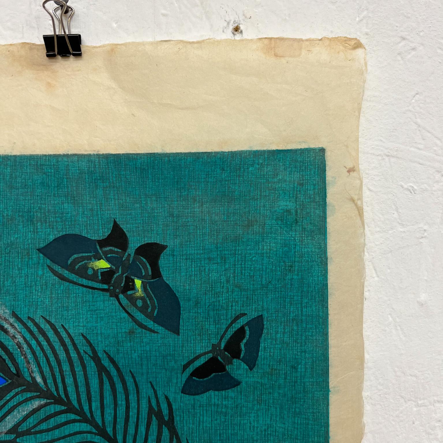 Lovely Aqua Blue Japanese Print on Rice Paper Signed Art In Good Condition In Chula Vista, CA