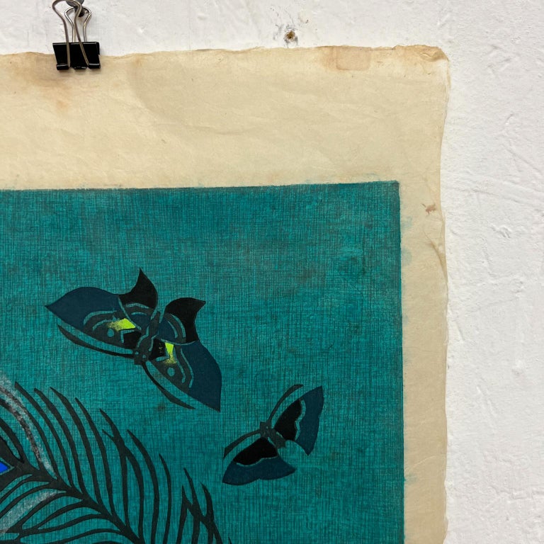 Lovely Aqua Blue Japanese Print on Rice Paper Signed Art For Sale at 1stDibs