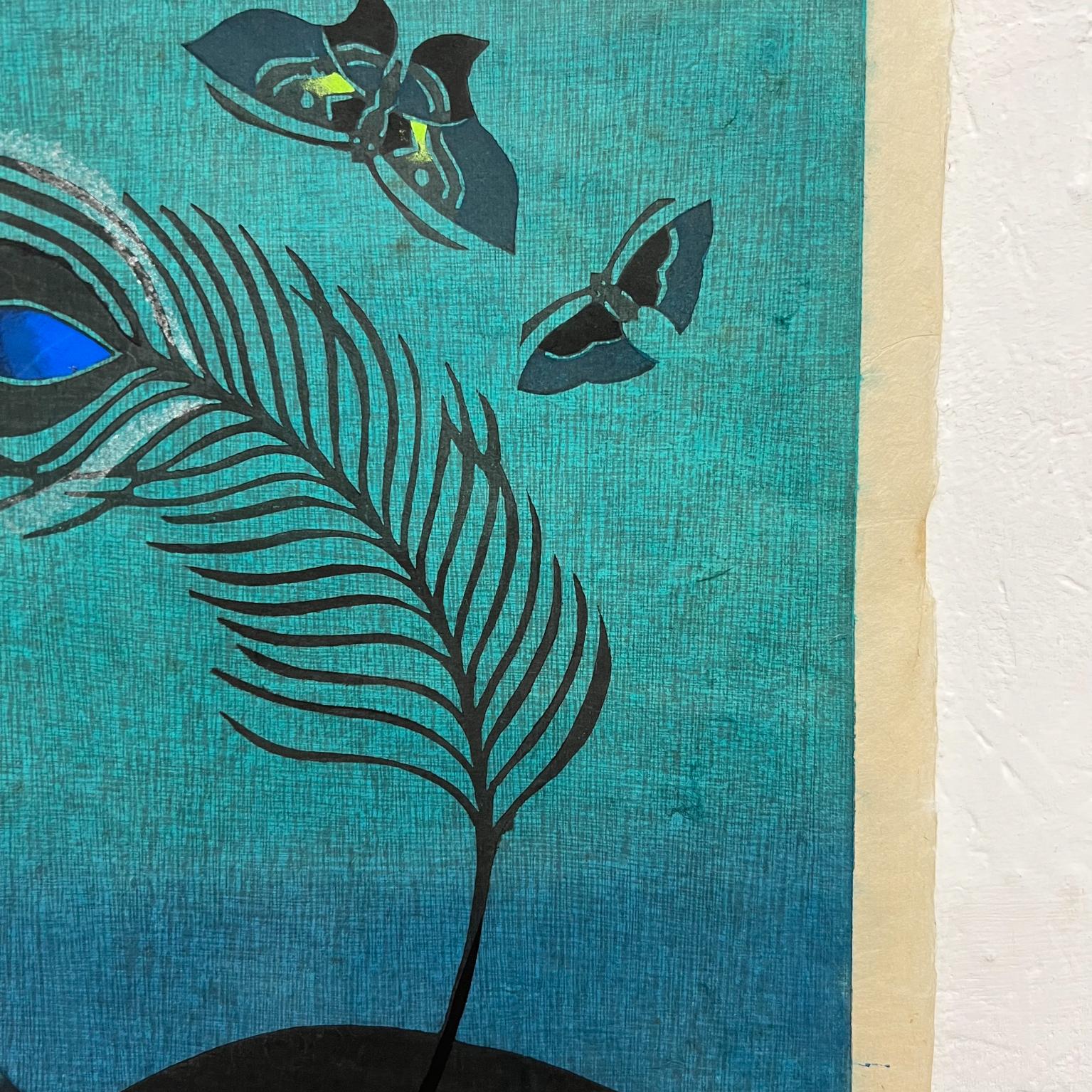 Mid-20th Century Lovely Aqua Blue Japanese Print on Rice Paper Signed Art