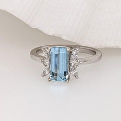 1.2ct Aquamarine Ring w Earth Mined Diamonds in Solid 14K White Gold EM 9x5mm