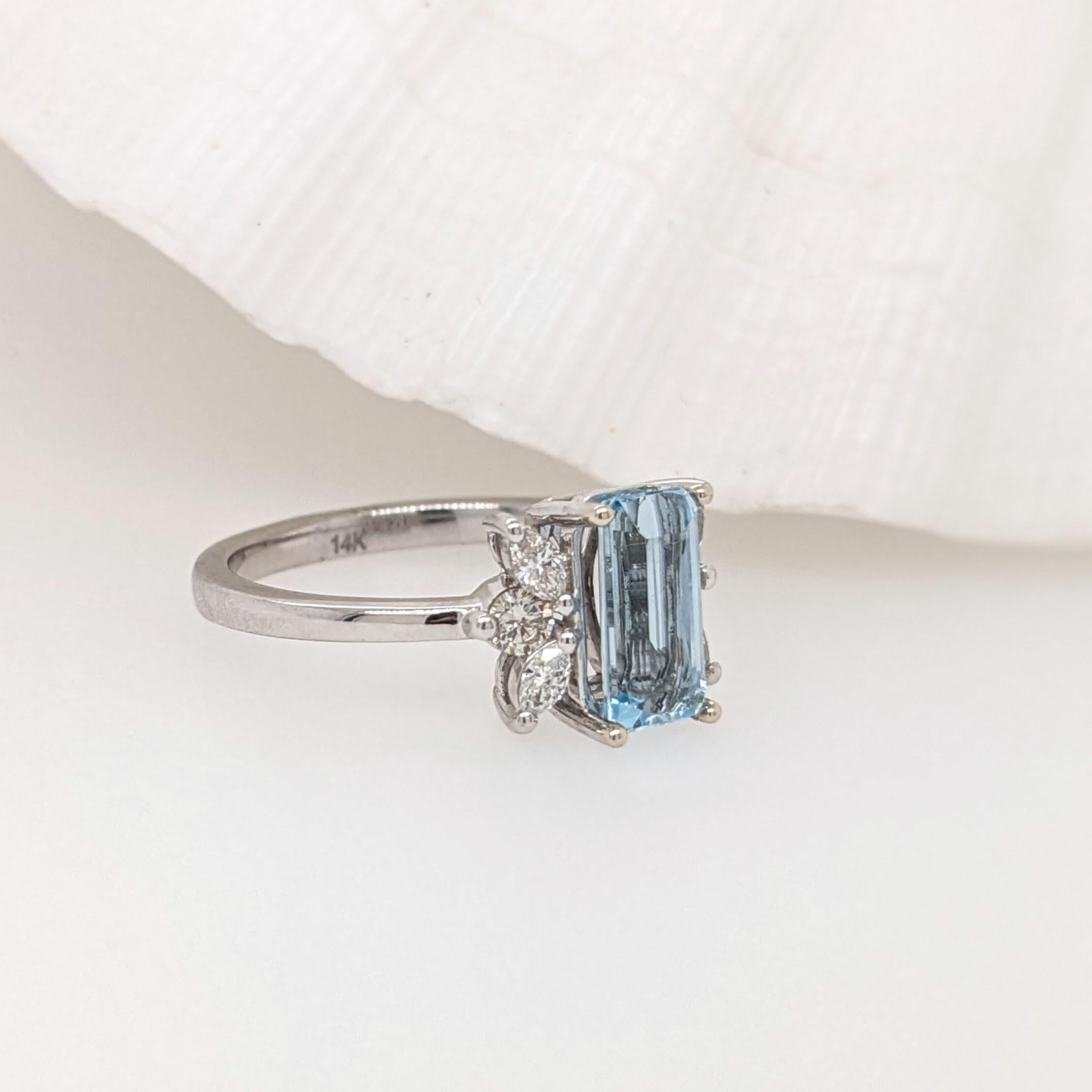 Emerald Cut Lovely Aquamarine Ring in Solid 14K White Gold with a Halo of Natural Diamonds For Sale