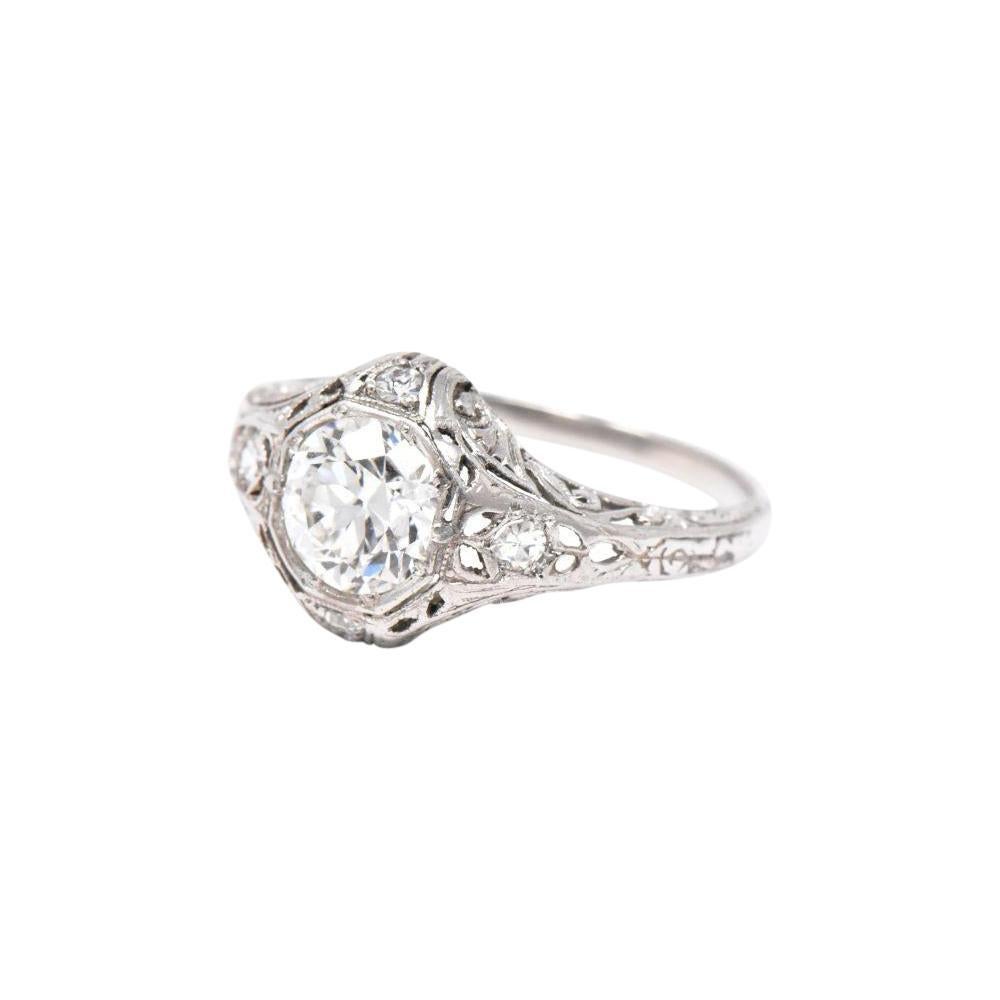 Women's or Men's Lovely Art Deco 1.13 CTW Old European Diamond Platinum Engagement Ring GIA