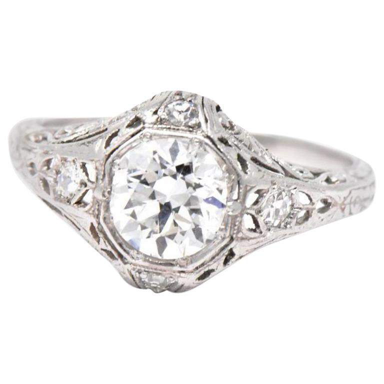 Lovely Art Deco 1.13 CTW Old European Diamond Platinum Engagement Ring GIA