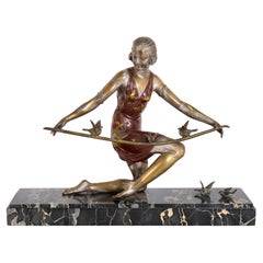 Lovely Art Deco Bronze Sculpture of a Girl with Sparrows on a Portor Marble Base