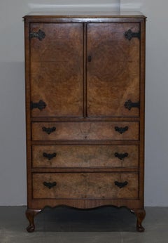 Lovely Art Deco Burr Walnut Drinks Cabinet Carved Legs, Lockable Doors Drawers