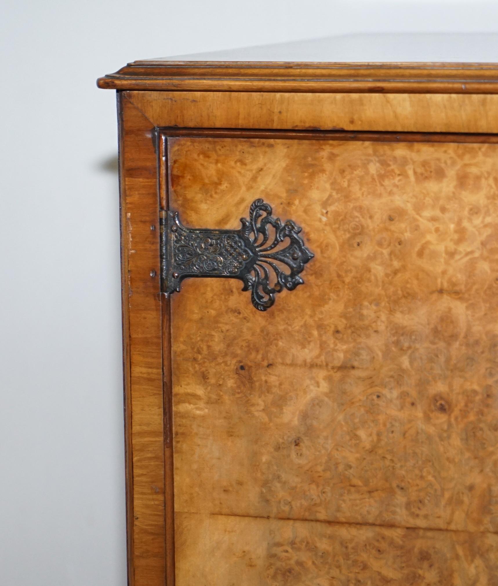 Lovely Art Deco Burr Walnut Drinks Cabinet Carved Legs, Lockable Doors Drawers 1