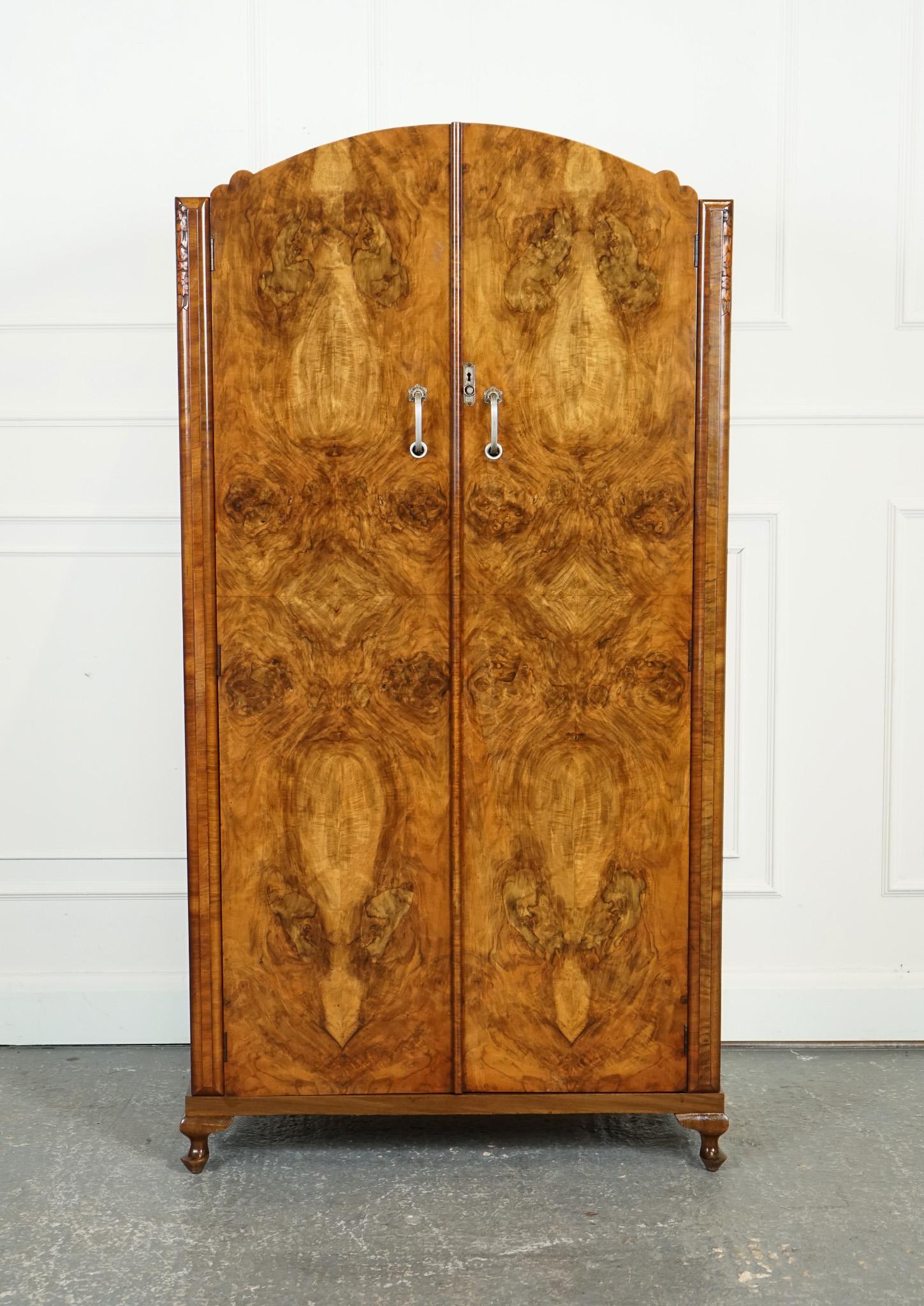 British LOVELY ART DECO BURR WALNUT SMALL WARDROBe For Sale