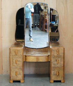 LOVELY ART DECO CIRCA 1930's SATIN WALNUT DRESSING TABLE + MIRROR PART OF SUITE