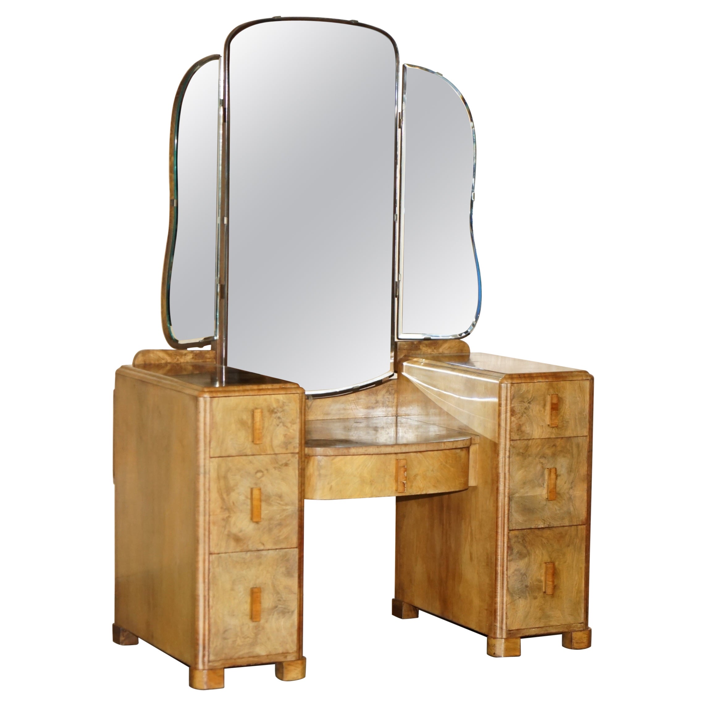 LOVELY ART DECO CIRCA 1930's SATIN WALNUT DRESSING TABLE + MIRROR PART OF SUITE