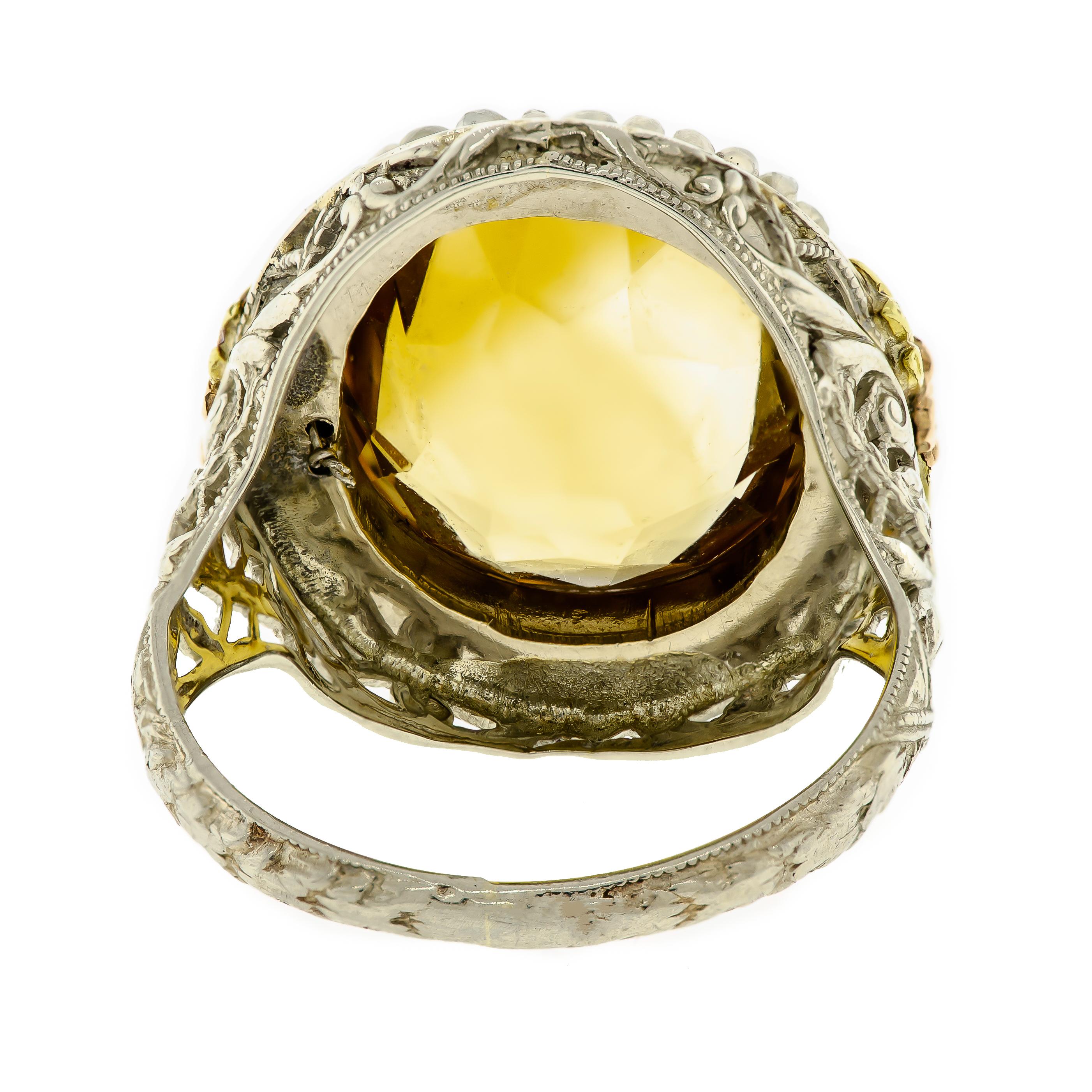 Lovely Art Deco Citrine Seed Pearl White and Yellow Gold Filigree Ring In Excellent Condition In Lombard, IL