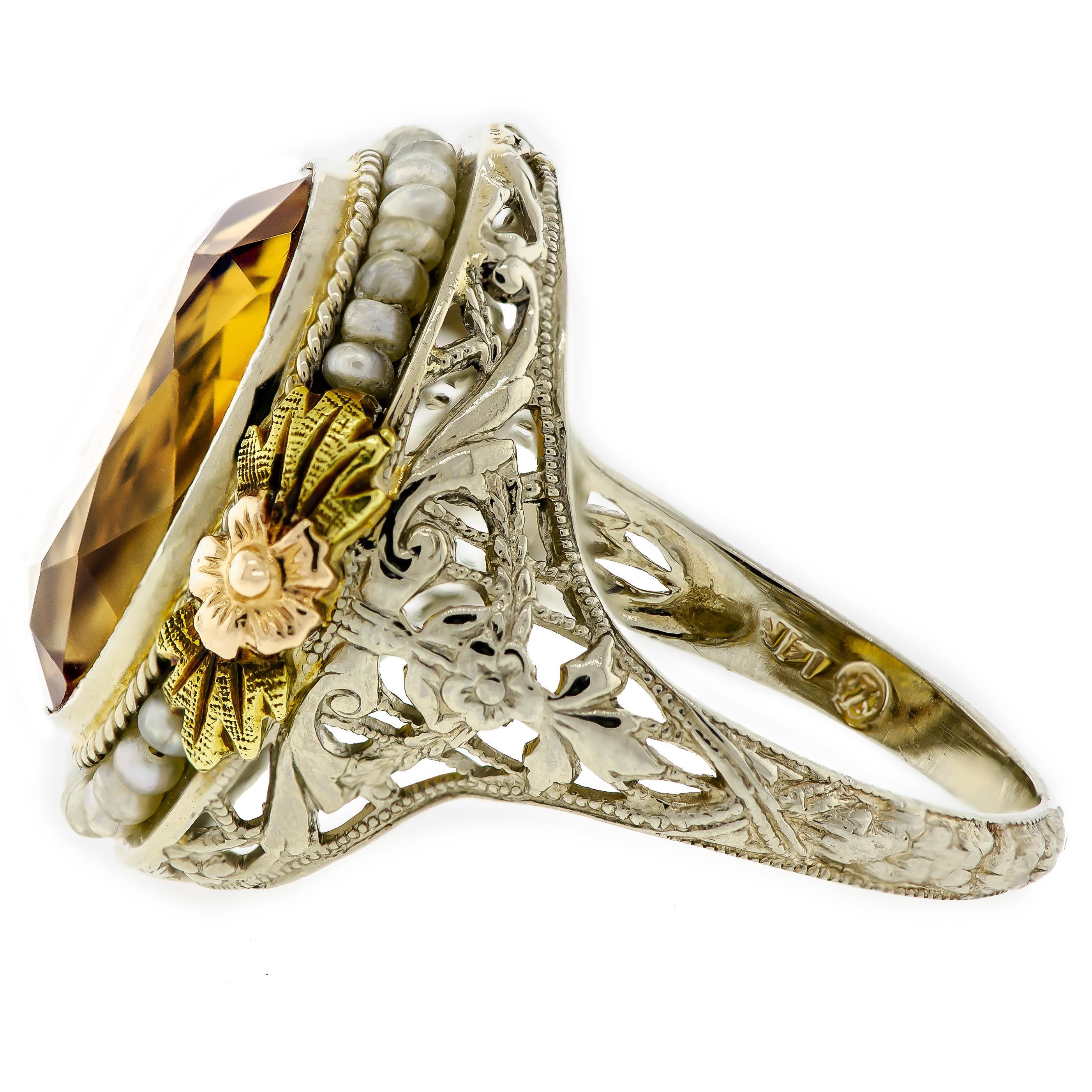 Women's or Men's Lovely Art Deco Citrine Seed Pearl White and Yellow Gold Filigree Ring