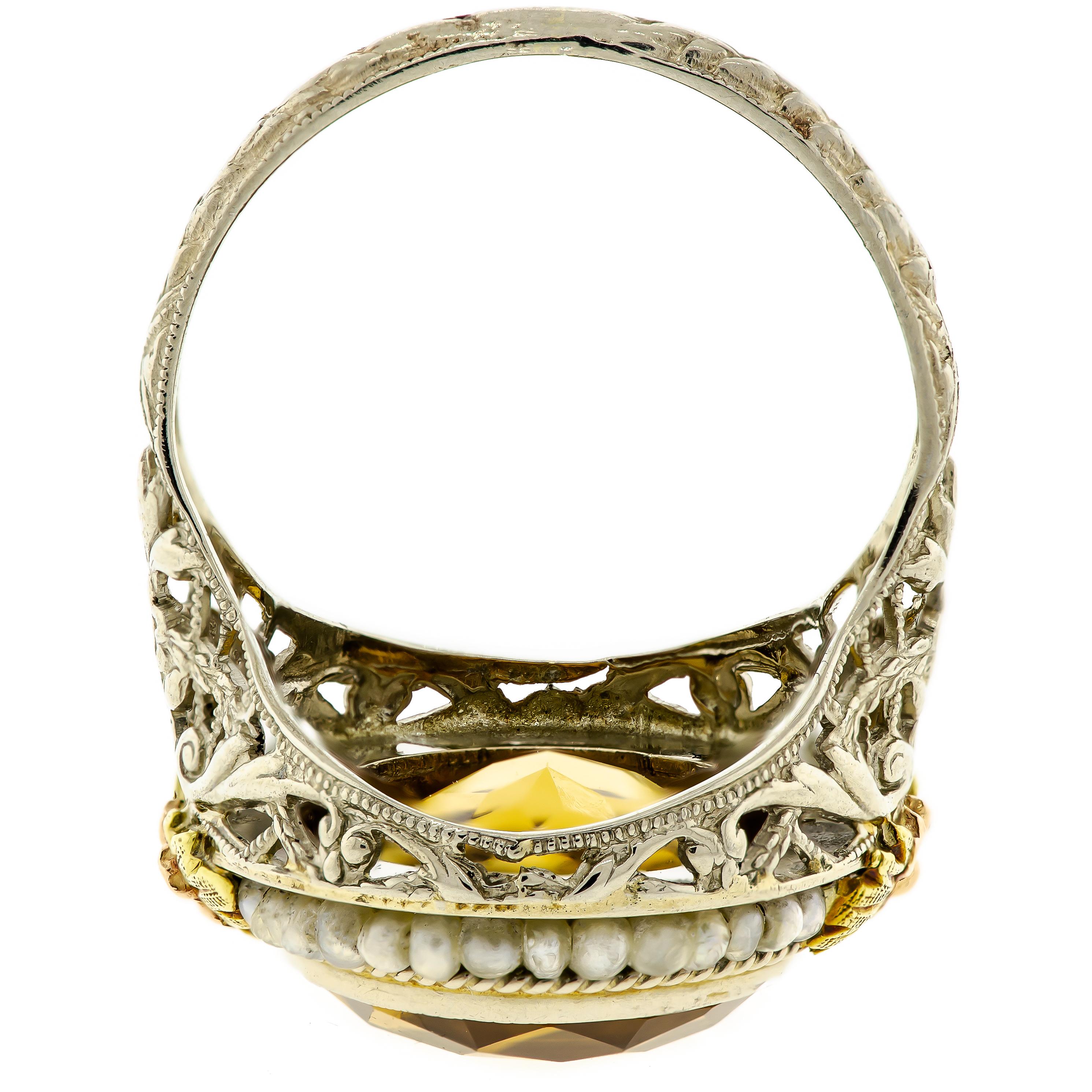Lovely Art Deco Citrine Seed Pearl White and Yellow Gold Filigree Ring 1