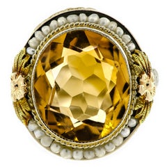 Lovely Art Deco Citrine Seed Pearl White and Yellow Gold Filigree Ring