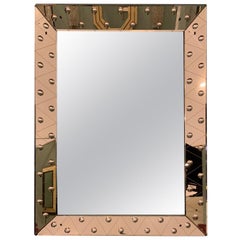 Joli miroir Art Deco Mirror avec cadre en miroir rose avec détail circulaire convexe