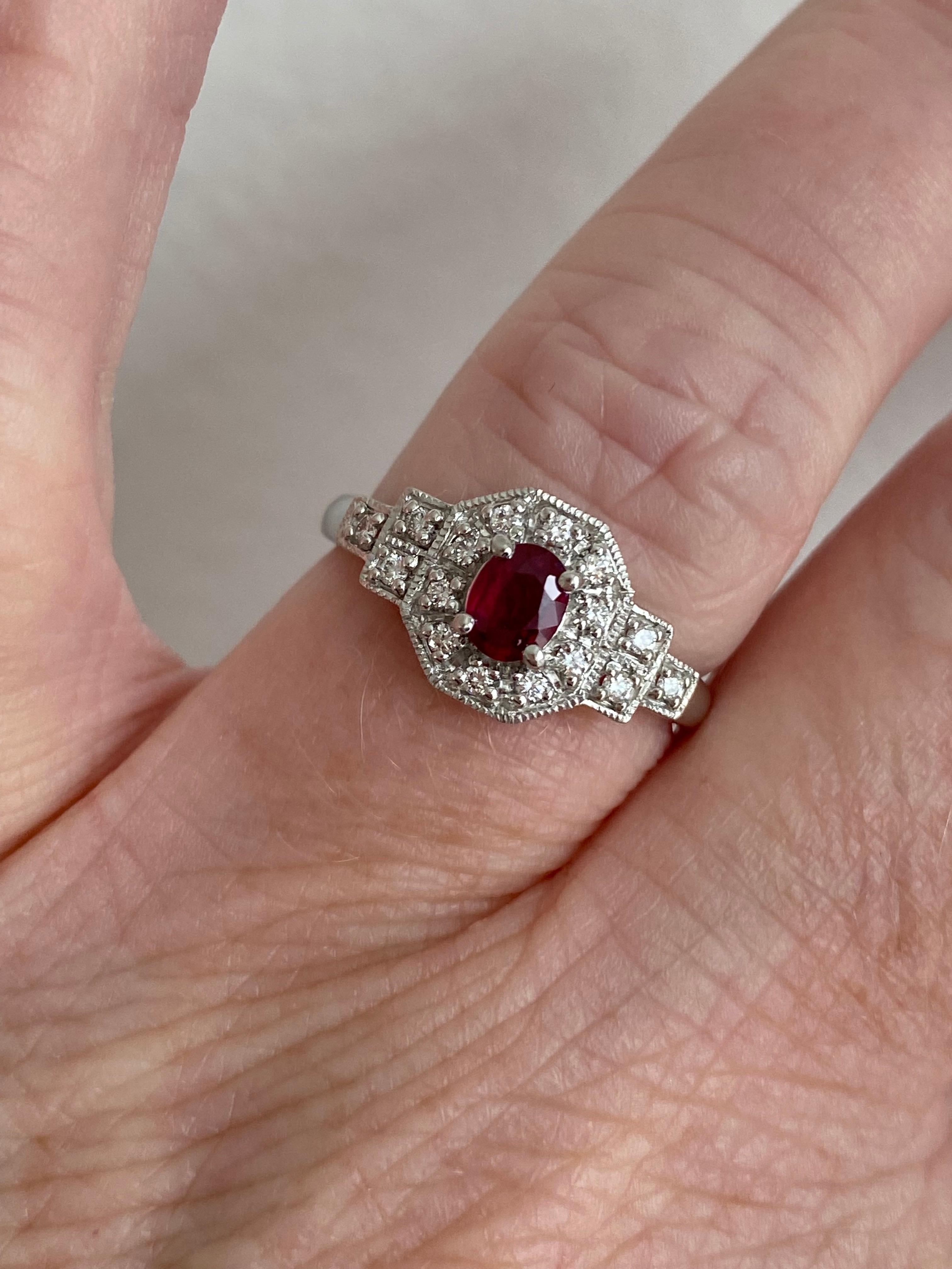 Oval Cut Lovely Art Deco Platinum Diamond and Ruby Ring Engagement Ring Wedding Ring For Sale