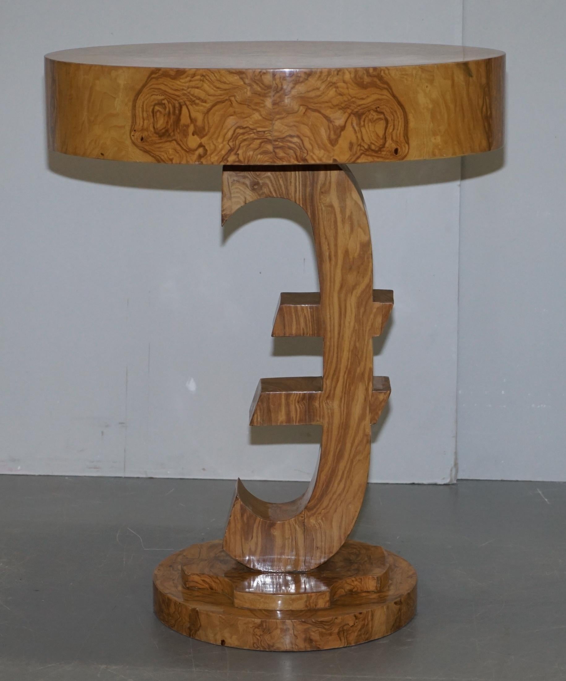 Lovely Art Deco Style Burr Walnut Side End Lamp Table with Euro Sign Base For Sale 8
