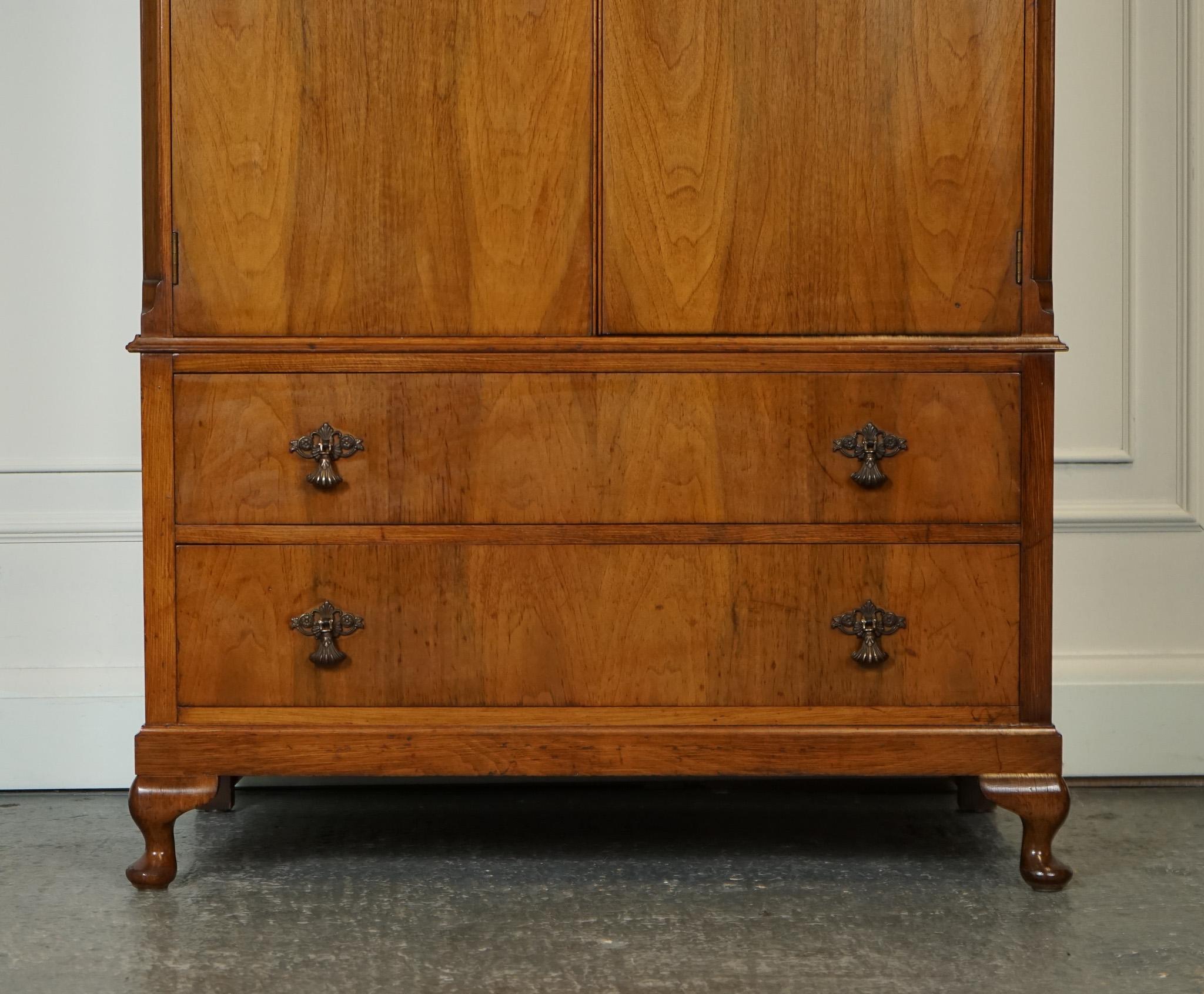 British LOVELY ART DECO WALNUT DOUBLE WARDROBE WiTH QUEEN ANNE LEGS J1