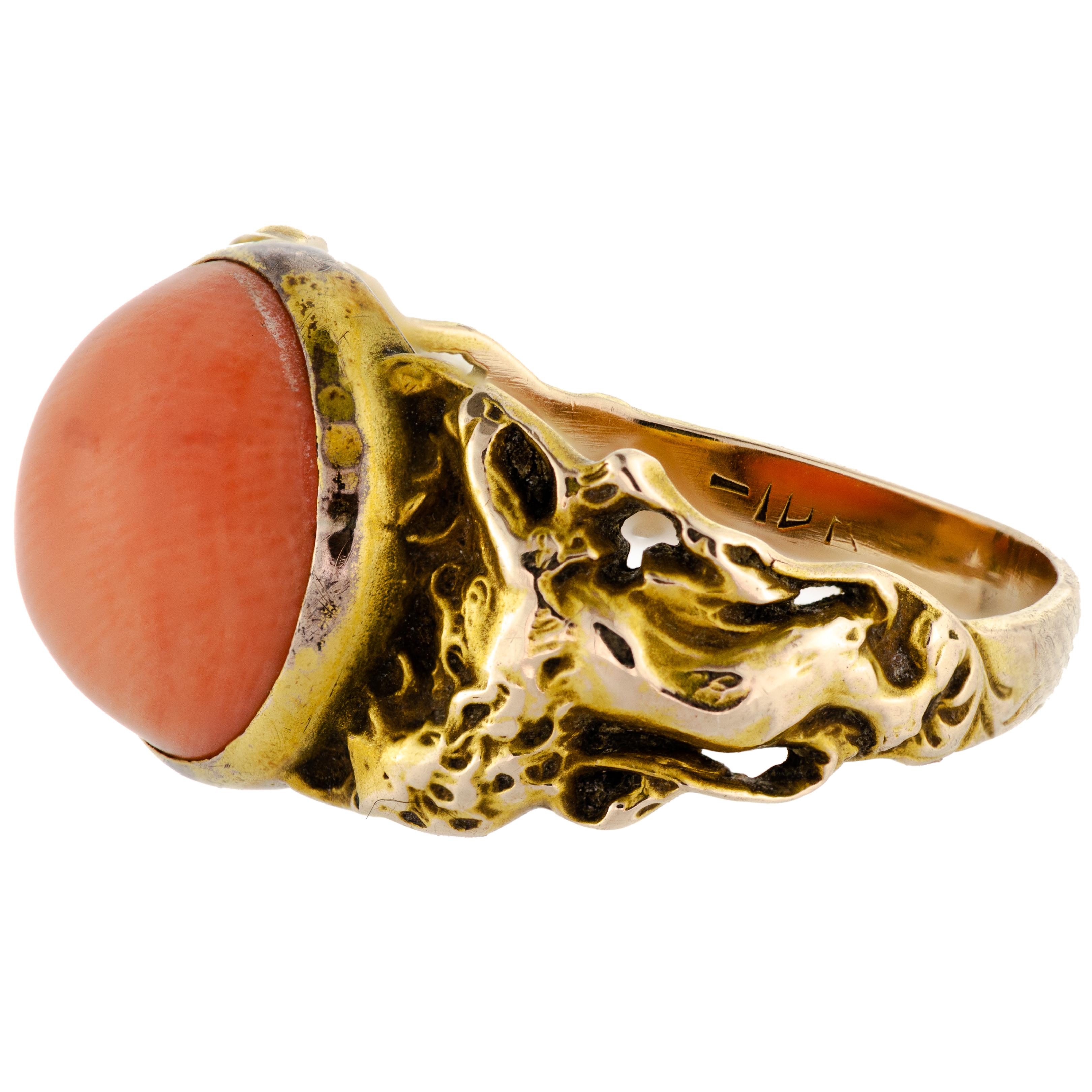 Round Cut Lovely Art Nouveau Coral Yellow Gold Ring For Sale