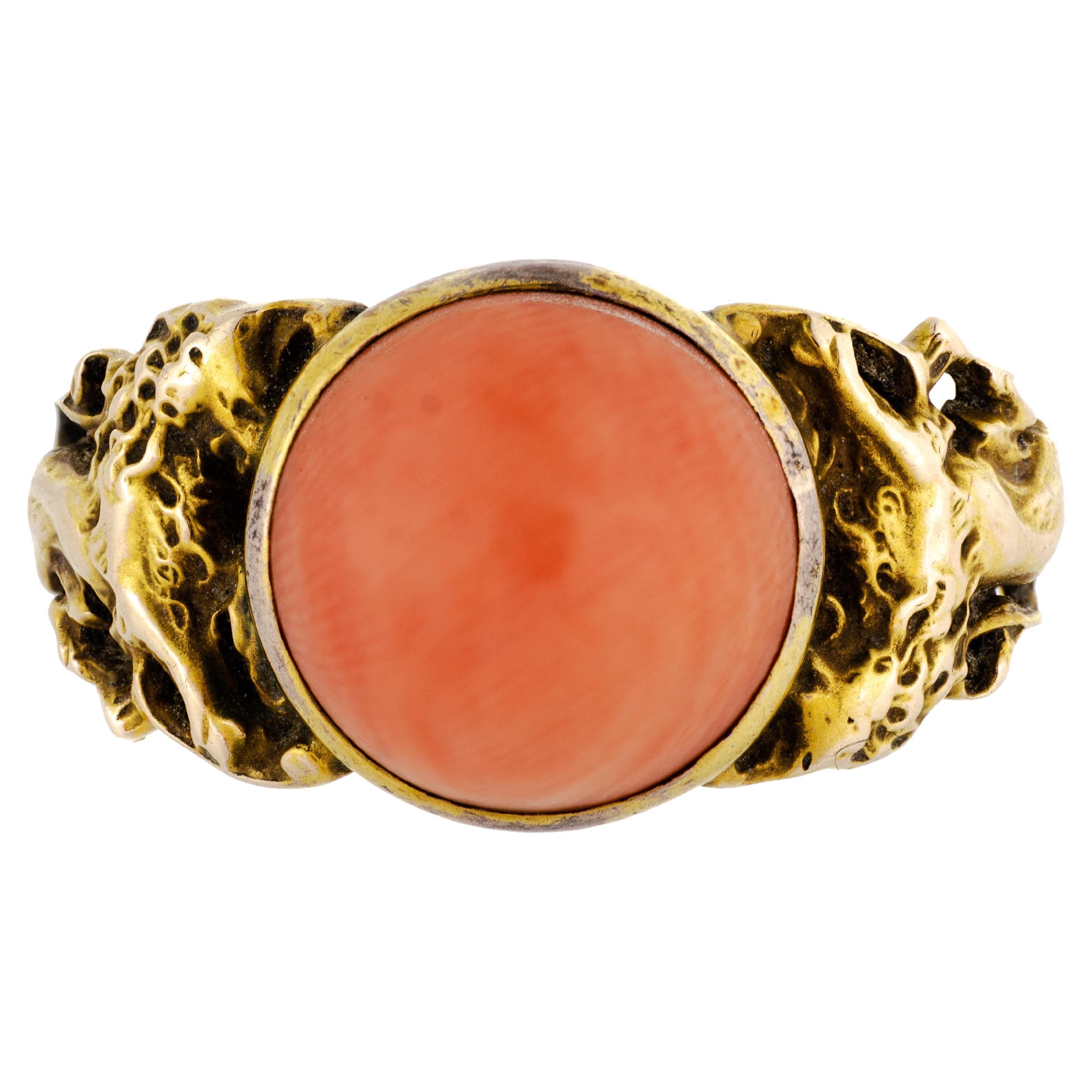 Lovely Art Nouveau Coral Yellow Gold Ring For Sale