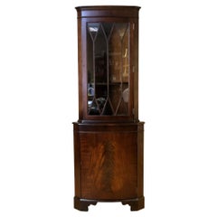 Vintage Lovely Bevan Funnell Corner Flamed Mahogany Cabinet Glass Top Door & Shelves