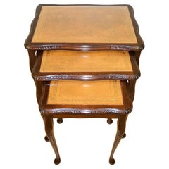 Lovely Bevan Funnell Hardwood Nest of Tables with Brown Leather & Glass Tops