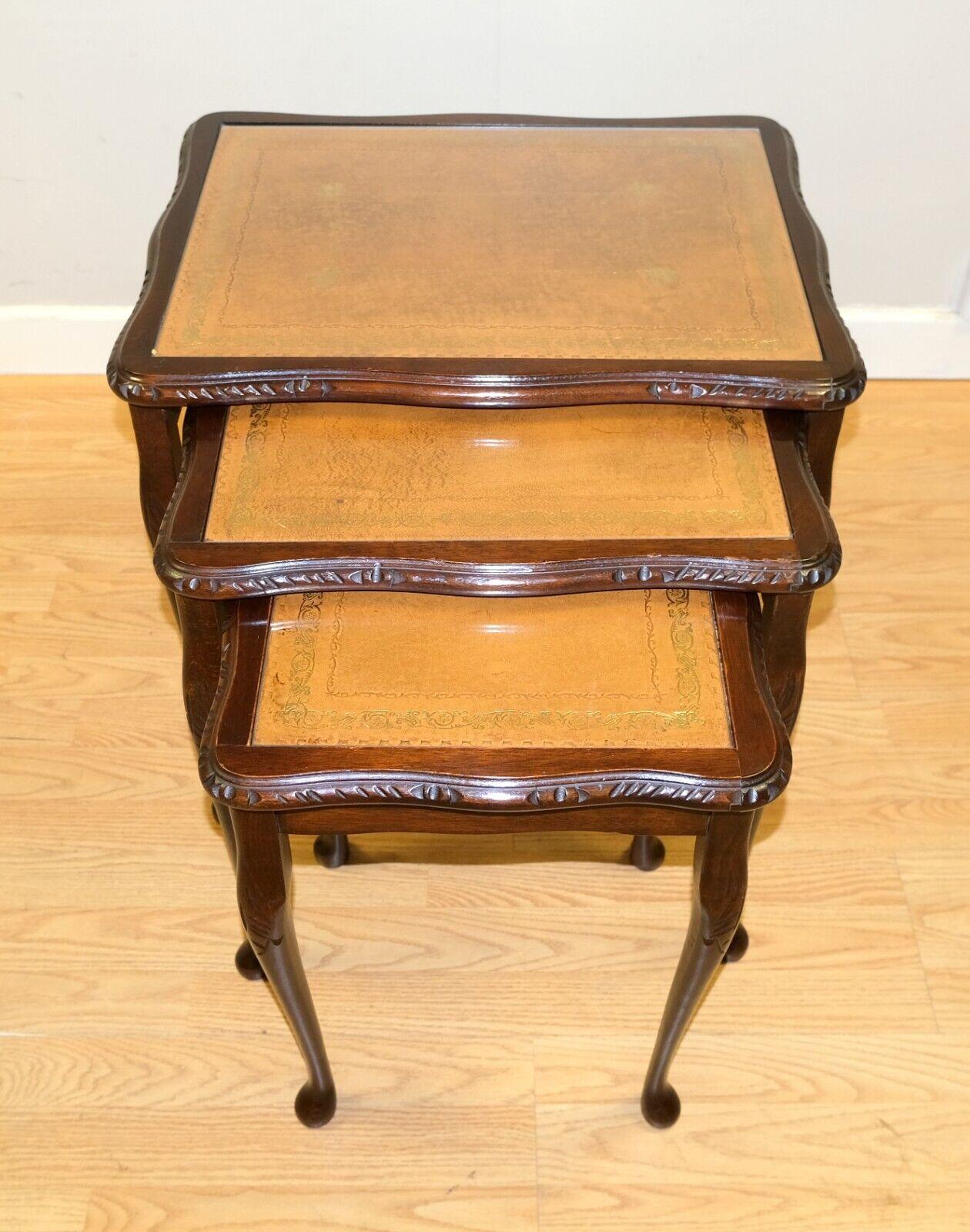 Lovely Bevan Funnell Hardwood Nest of Tables with Brown Leather & Glass Tops 6