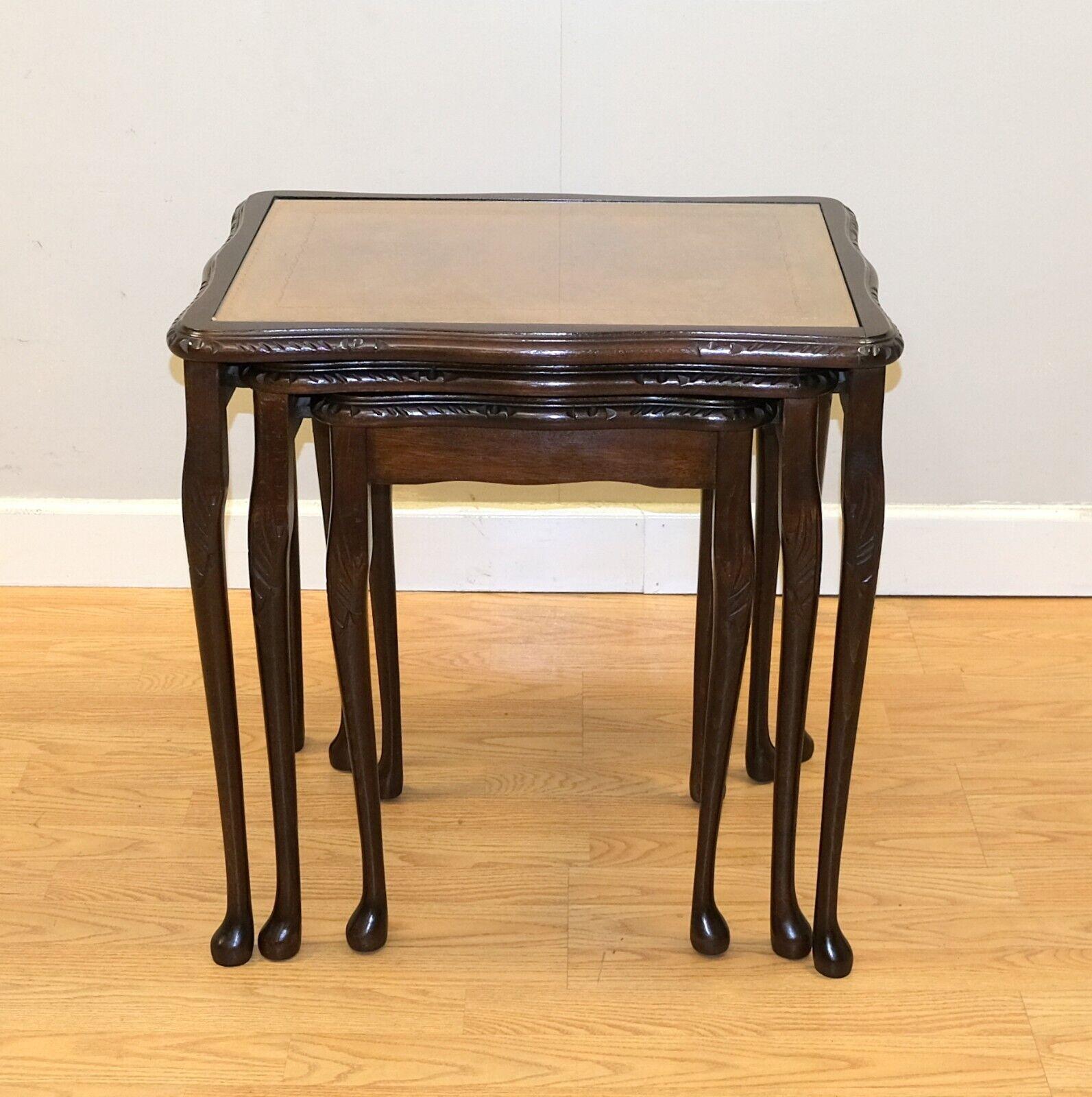 Lovely Bevan Funnell Hardwood Nest of Tables with Brown Leather and Glass Tops at 1stDibs