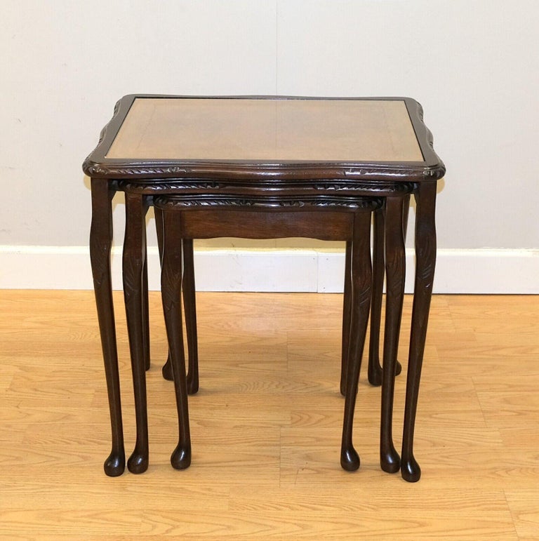 Lovely Bevan Funnell Hardwood Nest of Tables with Brown Leather and