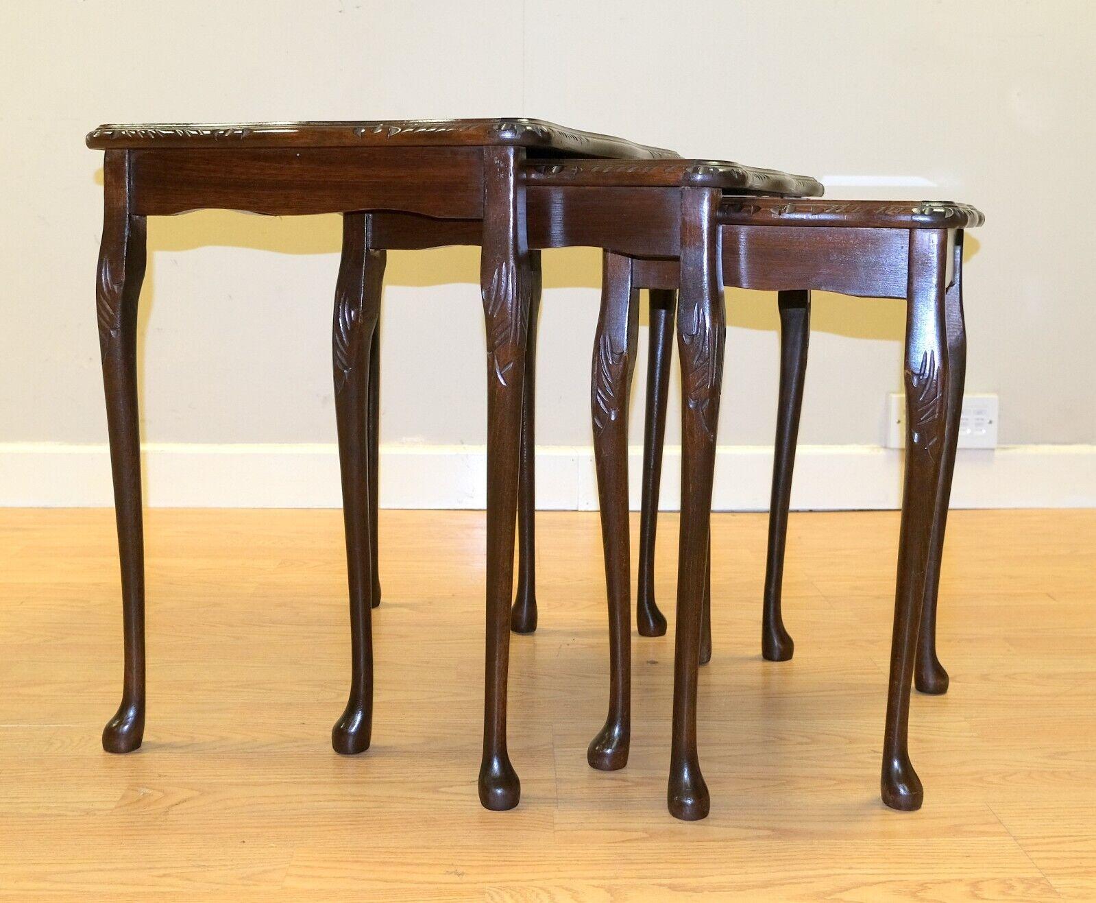 Mid-Century Modern Lovely Bevan Funnell Hardwood Nest of Tables with Brown Leather & Glass Tops