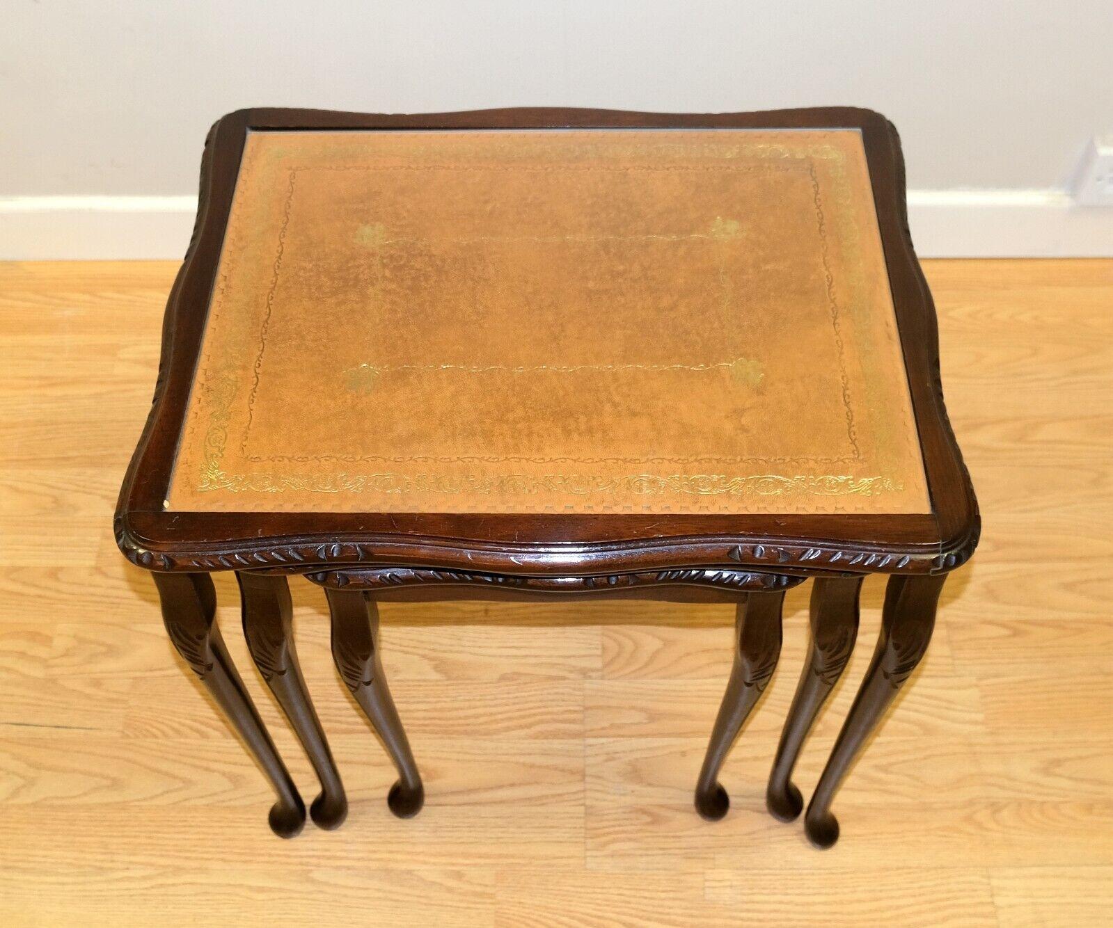 English Lovely Bevan Funnell Hardwood Nest of Tables with Brown Leather & Glass Tops