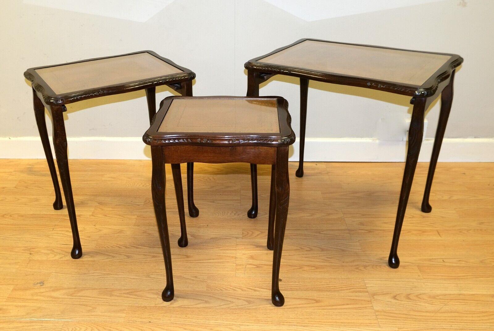 Hand-Crafted Lovely Bevan Funnell Hardwood Nest of Tables with Brown Leather & Glass Tops