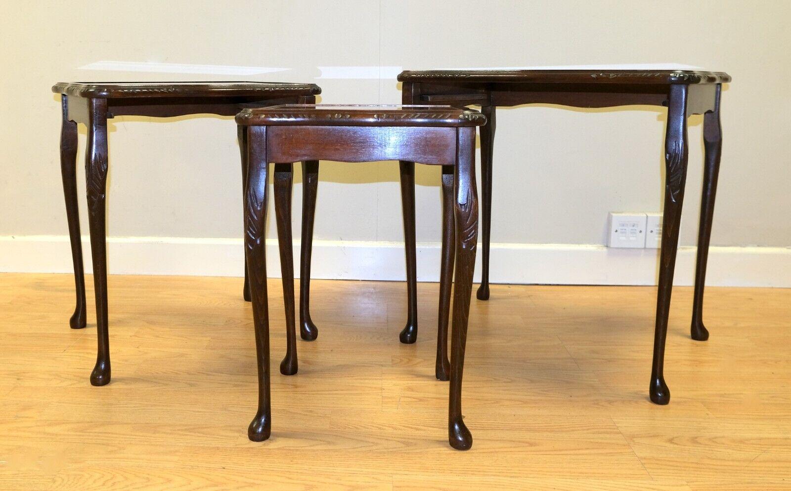 20th Century Lovely Bevan Funnell Hardwood Nest of Tables with Brown Leather & Glass Tops